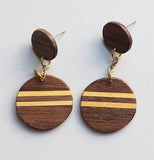 double round walnut and basswood stripes post earrings